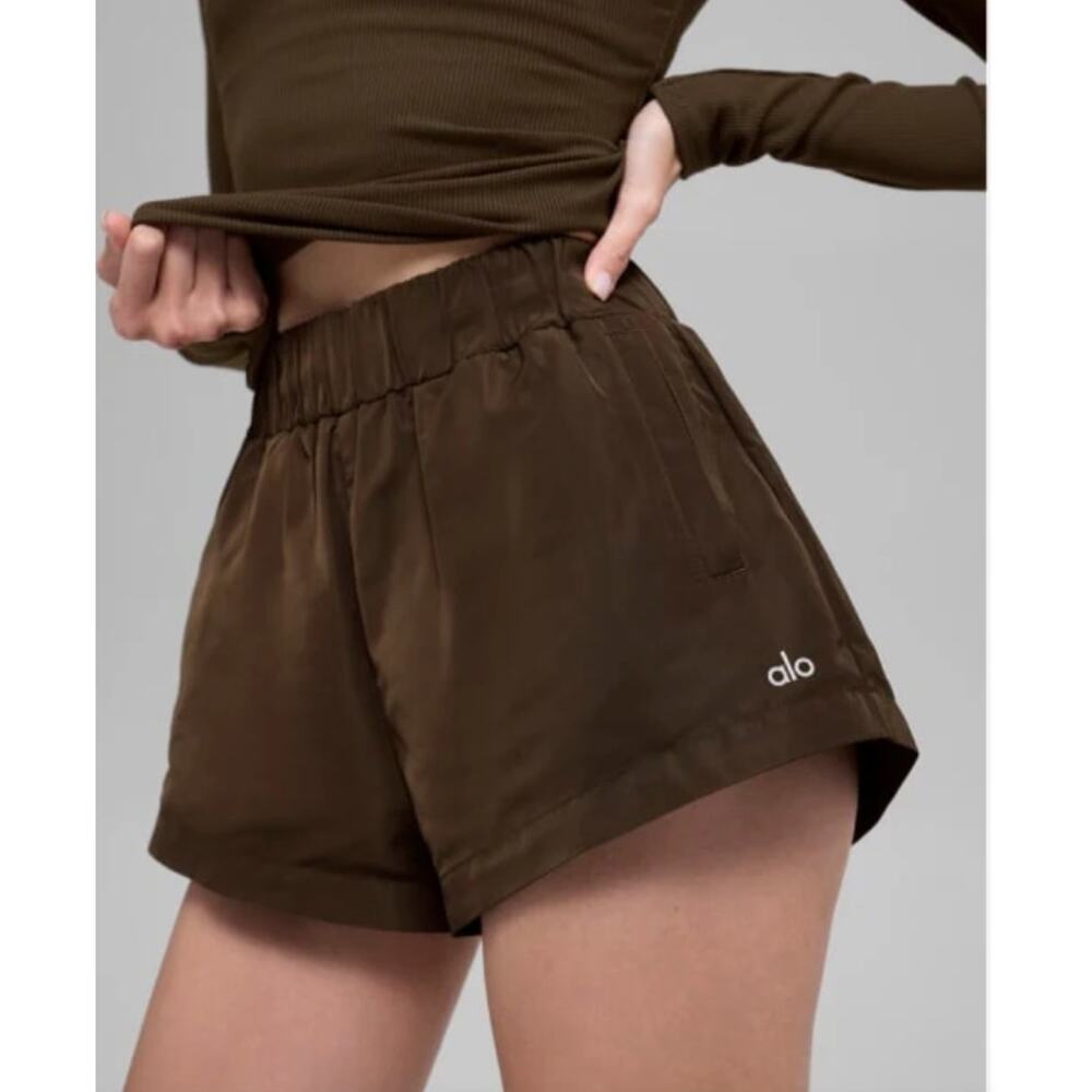 Alo Yoga High-Waist Socialite Shorts Brown Active Sports Gym Running Workout L